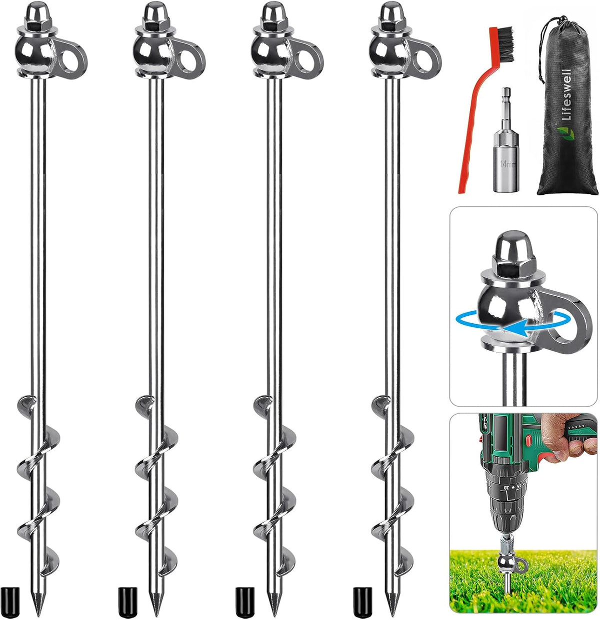 12" Tent Stakes, Heavy Duty Ground Anchor Kit, 4 Pack