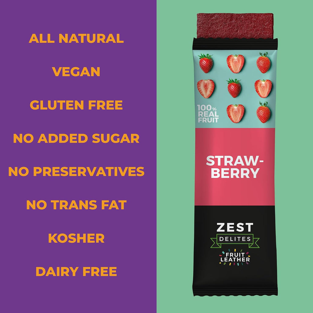 Fruit Leather by Zest Delites, Strawberry Healthy Fruit Snacks, 10 Pack Box