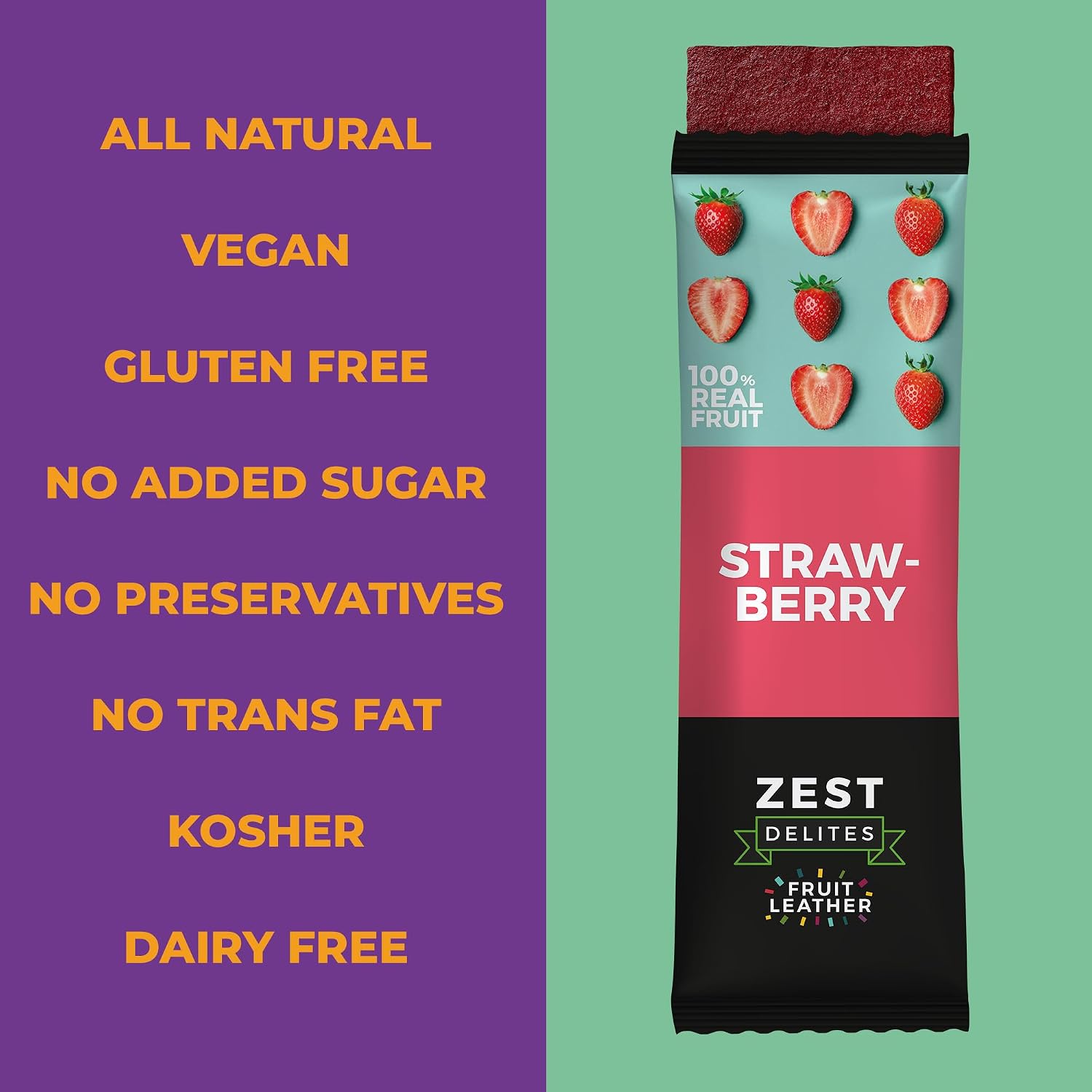 Fruit Leather by Zest Delites, Strawberry Healthy Fruit Snacks, 10 Pack Box