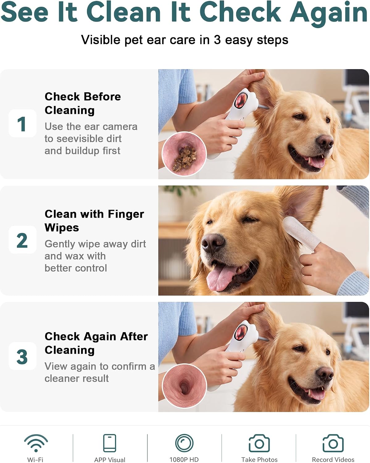 Pet Ear Camera Cleaning Kit with Screen, Dog &amp; Cat Ear Cleaner with 50 Finger Wipes, Gentle Soft Otic Ear Cleaning Pads, Helps Clean Dirt, Wax &amp; Odor-Causing Buildup, Non-Irritating, White