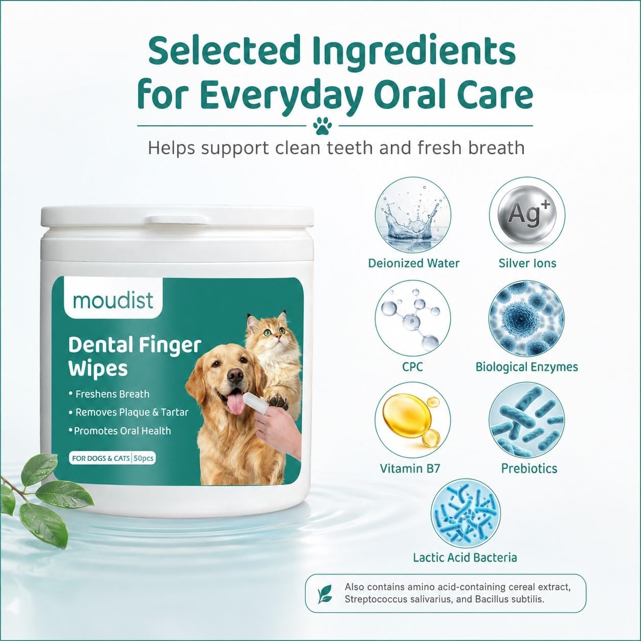Dental Finger Wipes for Dogs & Cats, 50 Count, Pet Teeth Cleaning Wipes, Helps Remove Plaque & Tartar, Freshens Breath, Daily Oral Care