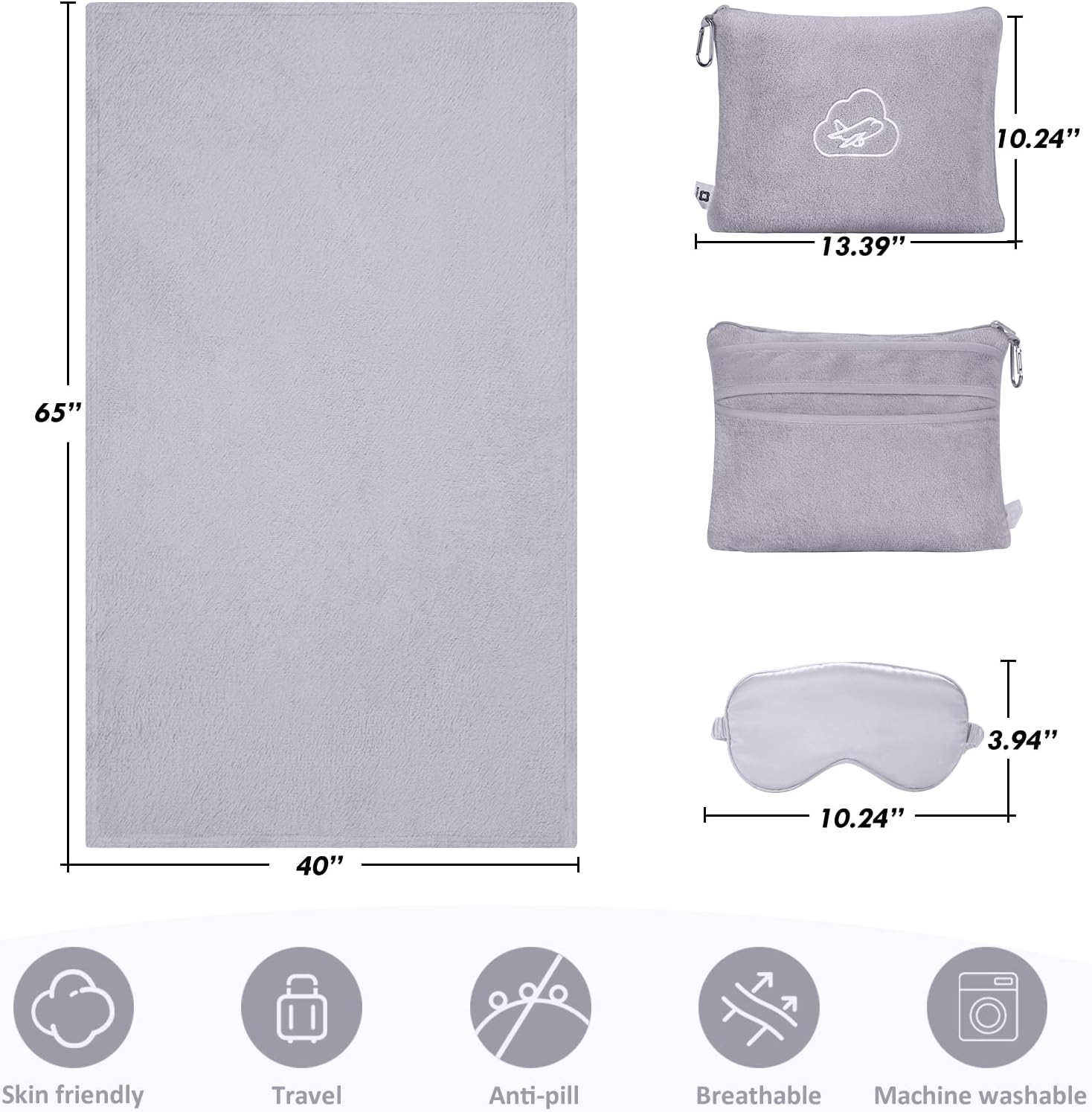 Travel Blanket Pillow,Airplane Blanket Compact with Bag Eye Mask, Ultra-Soft,Warm & Lightweight Included,Travel Essentials for Women & Men, Luggage Sleeve & Backpack Clip 65x40 in, Grey