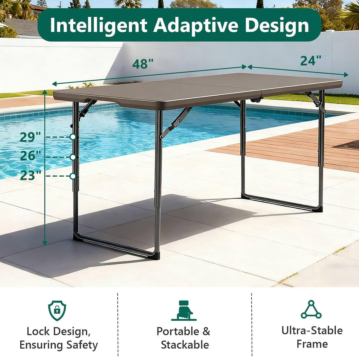 4FT Folding Table, Adjustable Height Fold-in-Half Table with Handle, Khaki