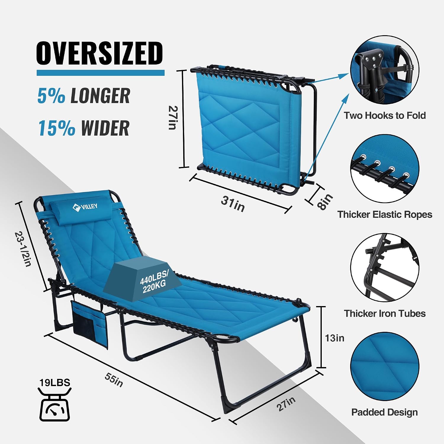 VILLEY Oversized Padded Chaise Lounge with Cushion, Foldable Recliner