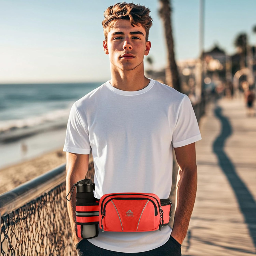 Fanny Pack for Men Women Waist Bag with Water Bottle Holder for Hiking, Travel,Dog Walking, Workout (Red)