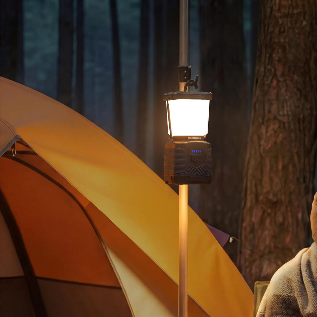Amazon Basics Camping Essentials Lantern, 360-Degree 1000 Lumen LED, Adjustable Dimmable with 4 Lighting Modes, Water Resistant IPX4, Black (Batteries Not Included)