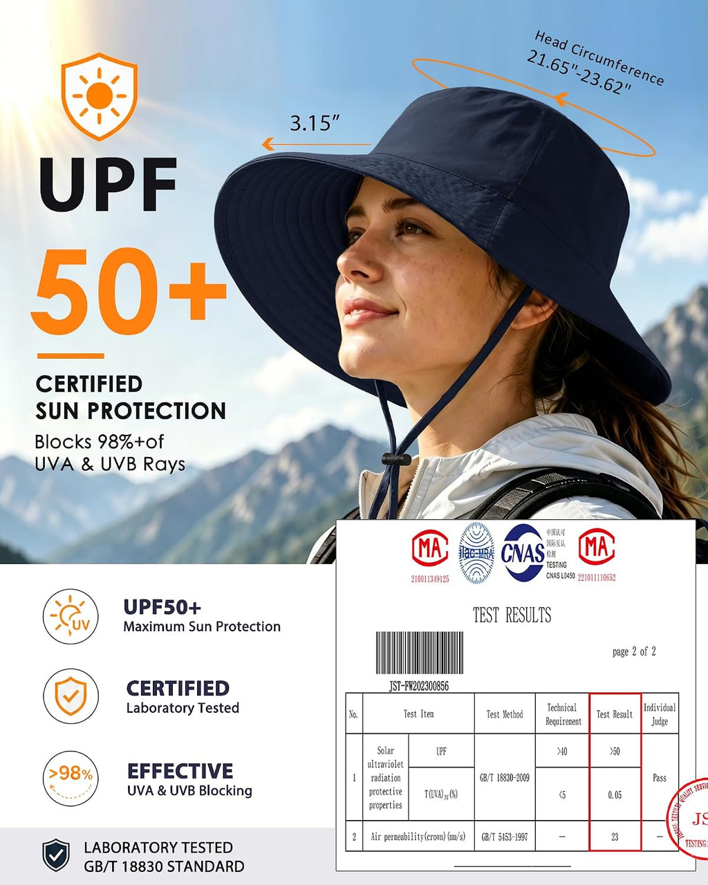 Water-Resistant UPF 50+ Sun Bucket Hat Packable Brimmed for Women Men