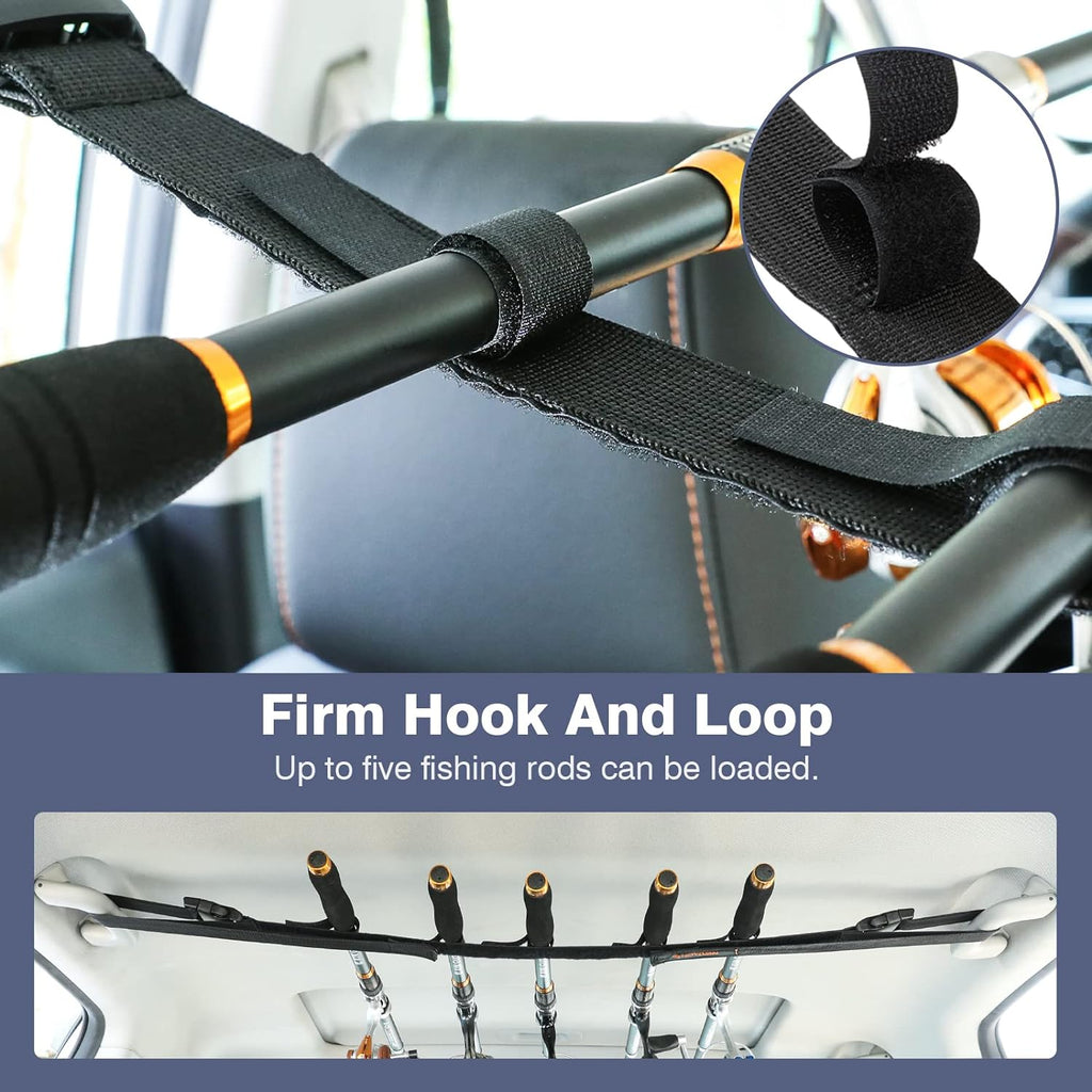 Roylvan 2 Pack Vehicle Fishing Rod Holder - Fishing Pole Car Rack 5 Rods Capacity, Adjustable 30 to 54 Inches Horizontal Roof Storage Carrier Belt for SUV, Truck and Van, Black
