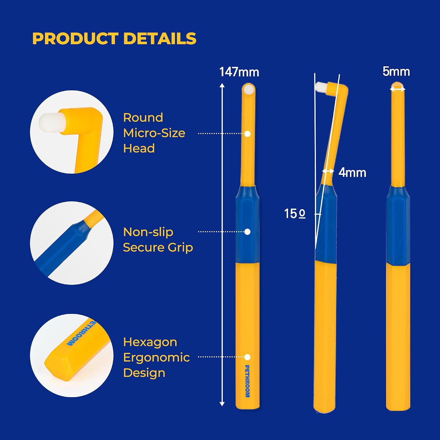 PETHROOM Pet Toothbrush for Cats & Dogs, 4mm Precision Head (Deep Point)