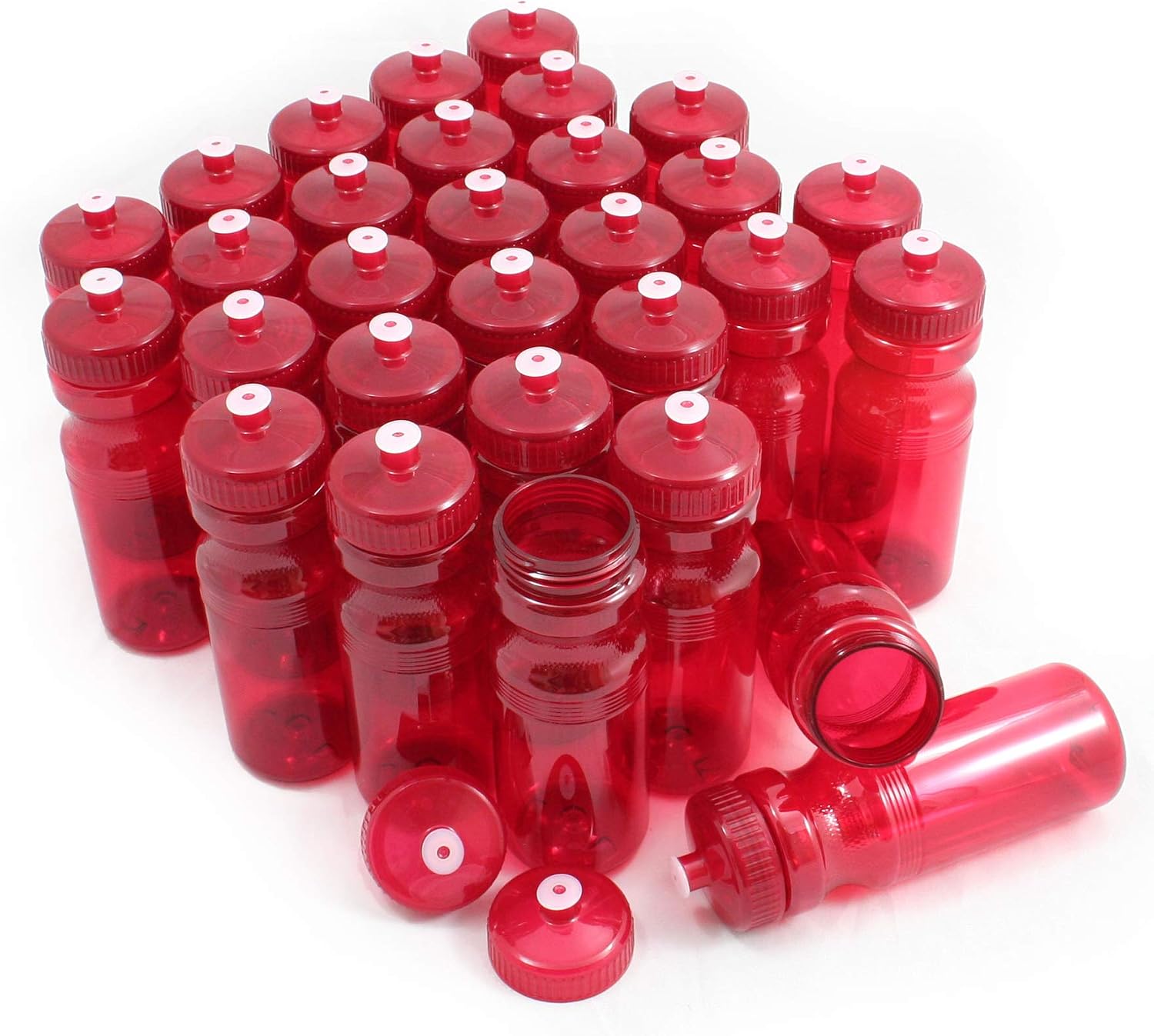 Rolling Sands Reusable Bulk Water Bottles 30 Pack - 24 Oz Sports Water Bottles, USA Made, BPA-Free, Wide Mouth for Easy Cleaning, Break Resistant - Translucent Red Bottle/Red Lid