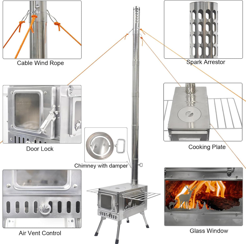 GreyHoo Camping Wood Stove with Chimney for Cooking & Heating