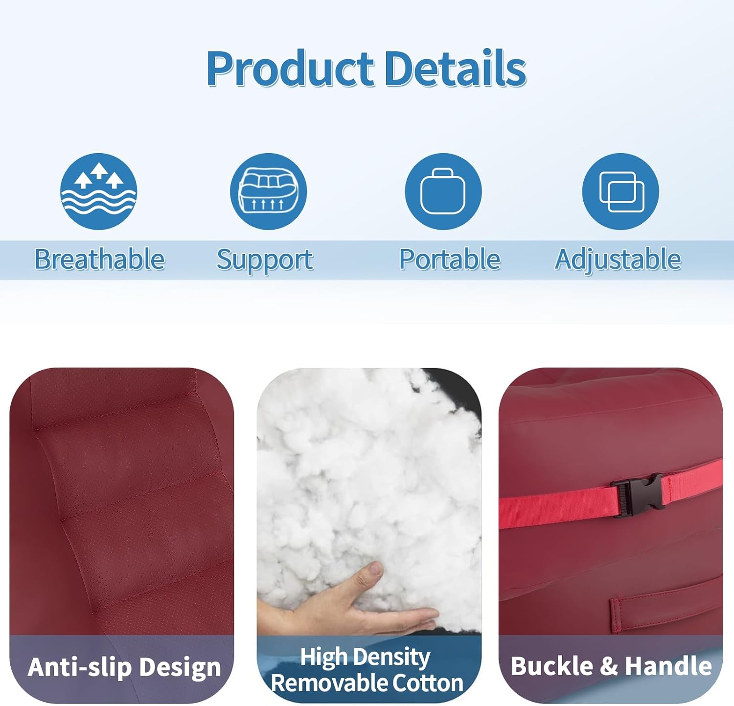 YOUFI Leather Seat Cushion Extra-Thick Booster for Office Chair to Rise Height - Full Filling for Support - with Breathable Cover, Handle and Buckle - Relieves Back Pain – 18"x16"x6" (Red)