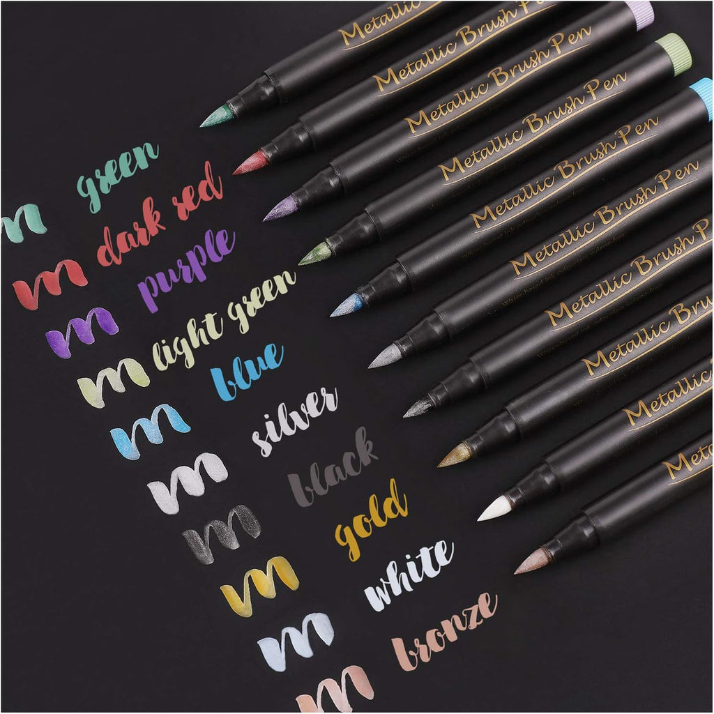 Dyvicl Metallic Brush Marker Pens - Metallic Pens Art Markers for Calligraphy, Brush Lettering, Black Paper, Rock Painting, Card Making, Scrapbooking, Fabric, Metal, Ceramic, Wine Glass, Set of 10
