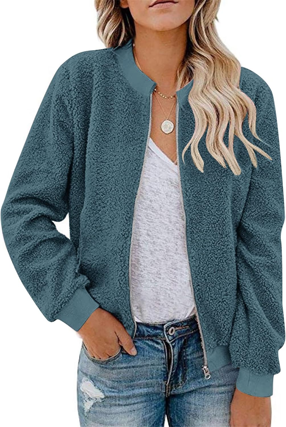 MIROL Women's Fall Fleece Bomber Jacket Trendy Sherpa Winter Coat Fuzzy Casual Long Sleeve Zip Up Loose Fit Jackets