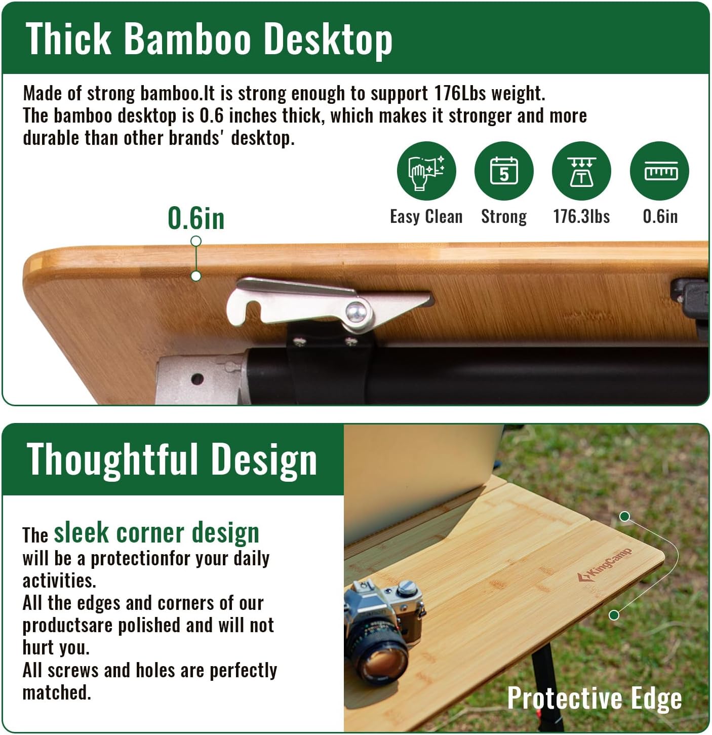 KingCamp Bamboo Folding Table with Adjustable Height