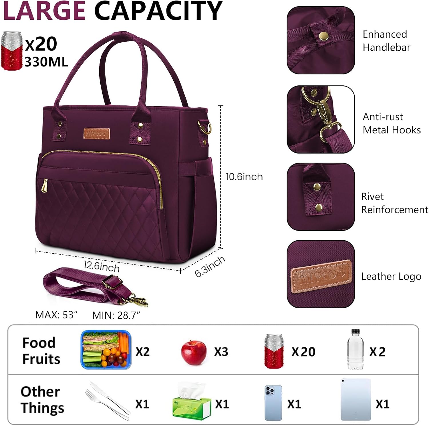 MIYCOO Insulated Lunch Bag Women, Large Tote Lunch Box for Work, 18L