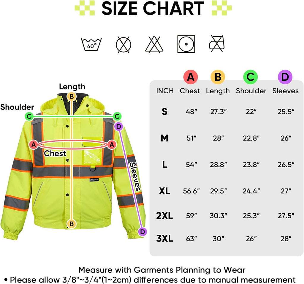 TICONN Hi Vis Safety Bomber Jacket, Fleece-Lined Waterproof ANSI Class 3