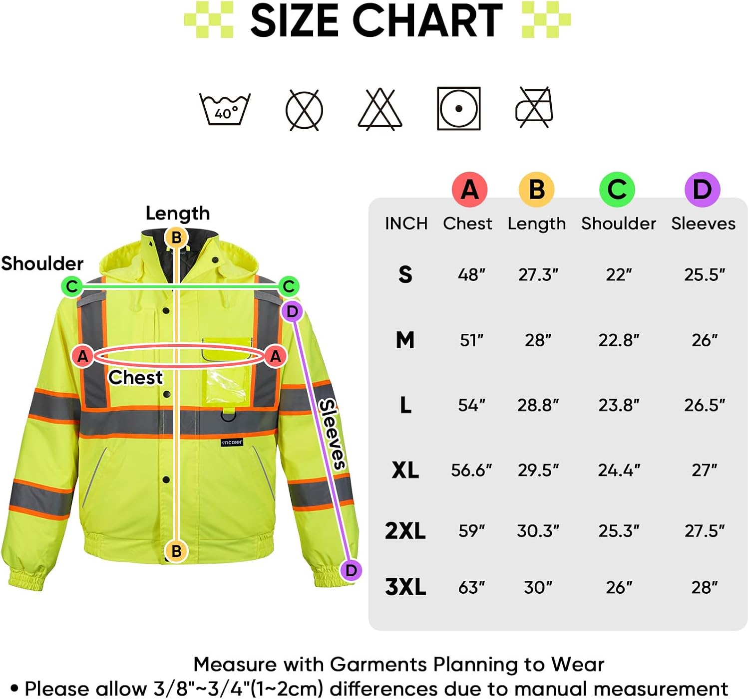 TICONN Hi Vis Safety Bomber Jacket, Fleece-Lined Waterproof ANSI Class 3