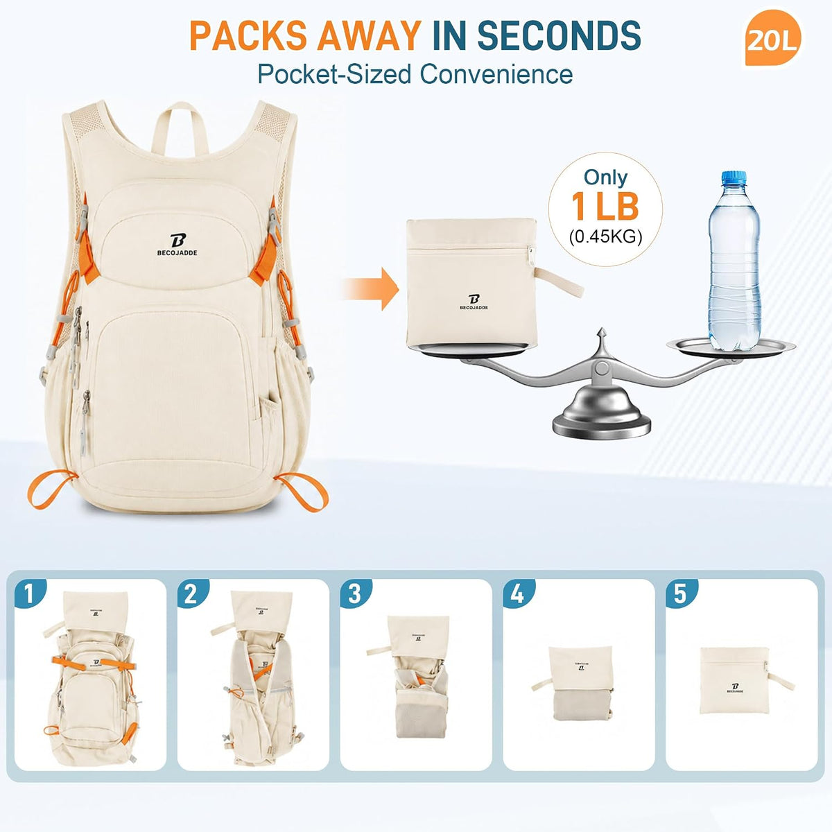BECOJADDE 20L Hiking Backpack Lightweight Travel Backpacks Water-Resistant Daypack Fits Cycling Helmets for Men Women for Daily Outdoor Camping, Beige