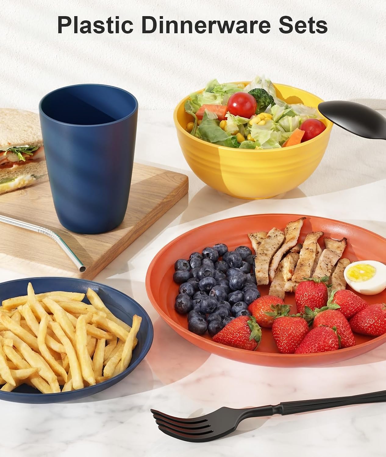 Quatish 48 Piece Plates and Bowls Sets for 6, Unbreakable Dinnerware Sets, Plastic Dish Set for Camping, Dishwasher Microwave Safe, Outdoor Kitchen and Apartment Dinning RV Essentials, MC