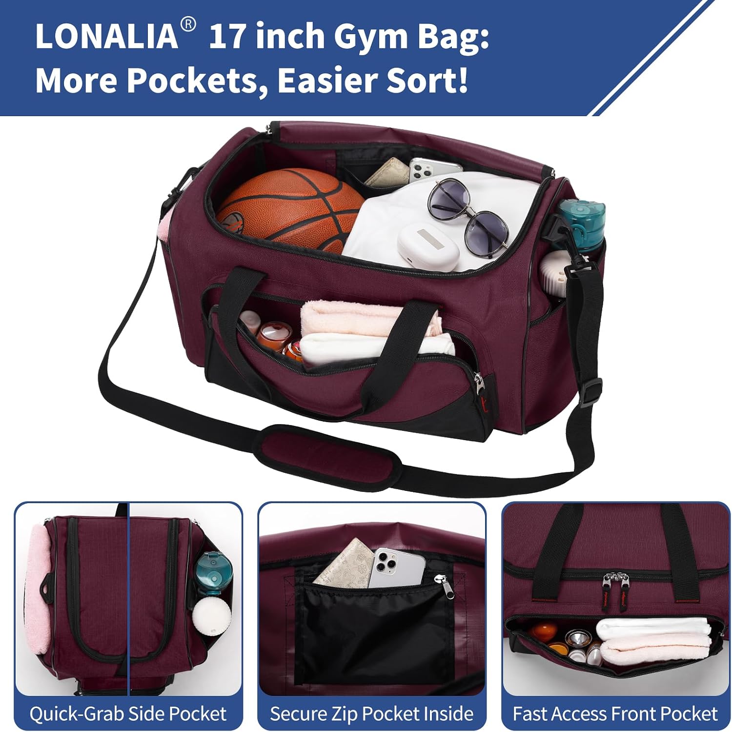 30L Gym Sport Duffle Bag, 17 inch, Maroon