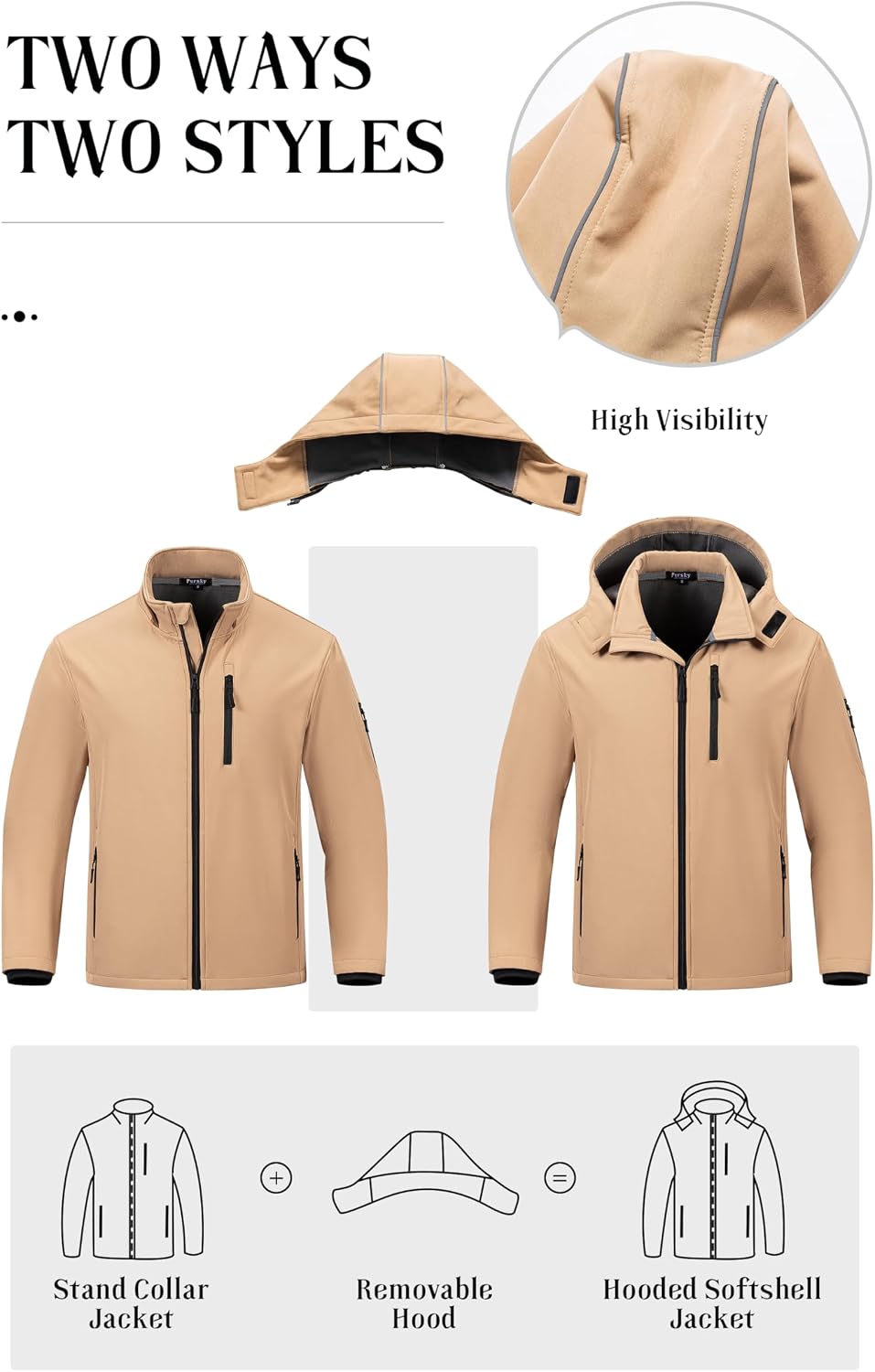Pursky Men's Softshell Jacket Waterproof Fleece Lined Windbreaker With Removable Hood Lightweight Tactical Jacket