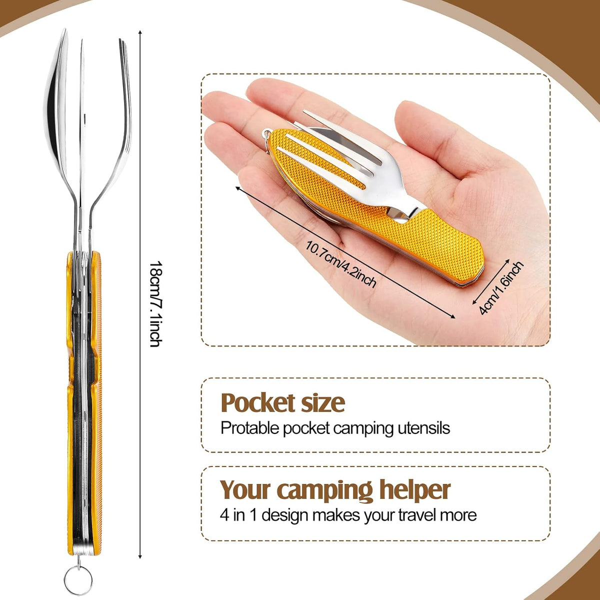 4-in-1 Camping Utensil Set, Steel Fork Spoon Knife, 5 Pcs