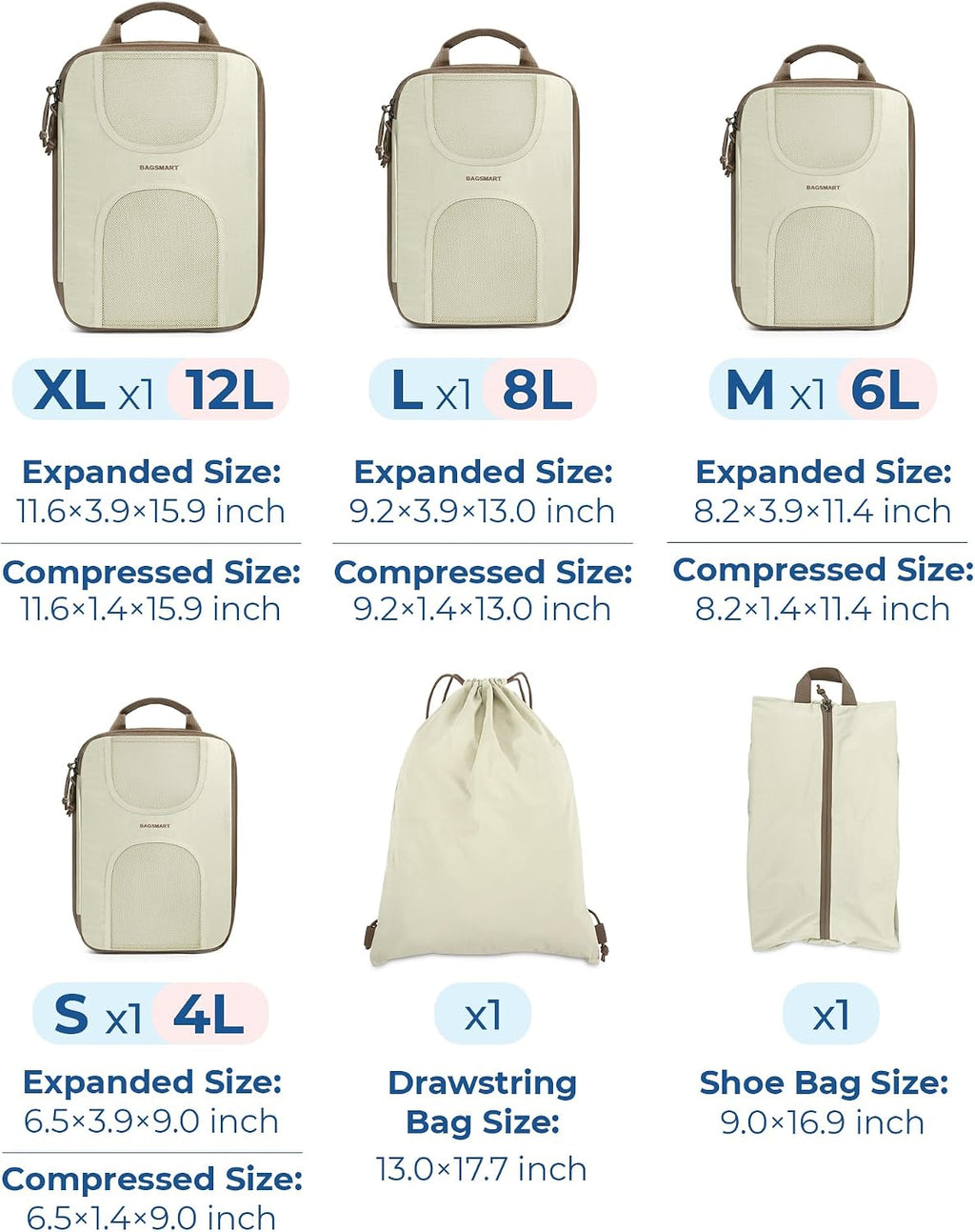 BAGSMART 6 Set Compression Packing Cubes, Travel Luggage Organizer Bags