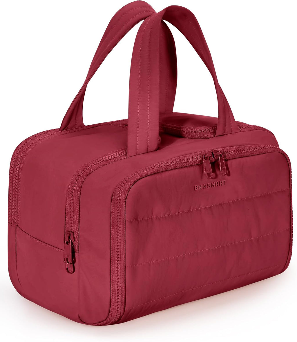BAGSMART Travel Toiletry Bag, Puffy Toiletry Bag for Women, Wide-open toiletry bags for traveling, Large Travel Cosmetic Makeup Bag Organizer for Accessories,Toiletrie (Vintage Berry)