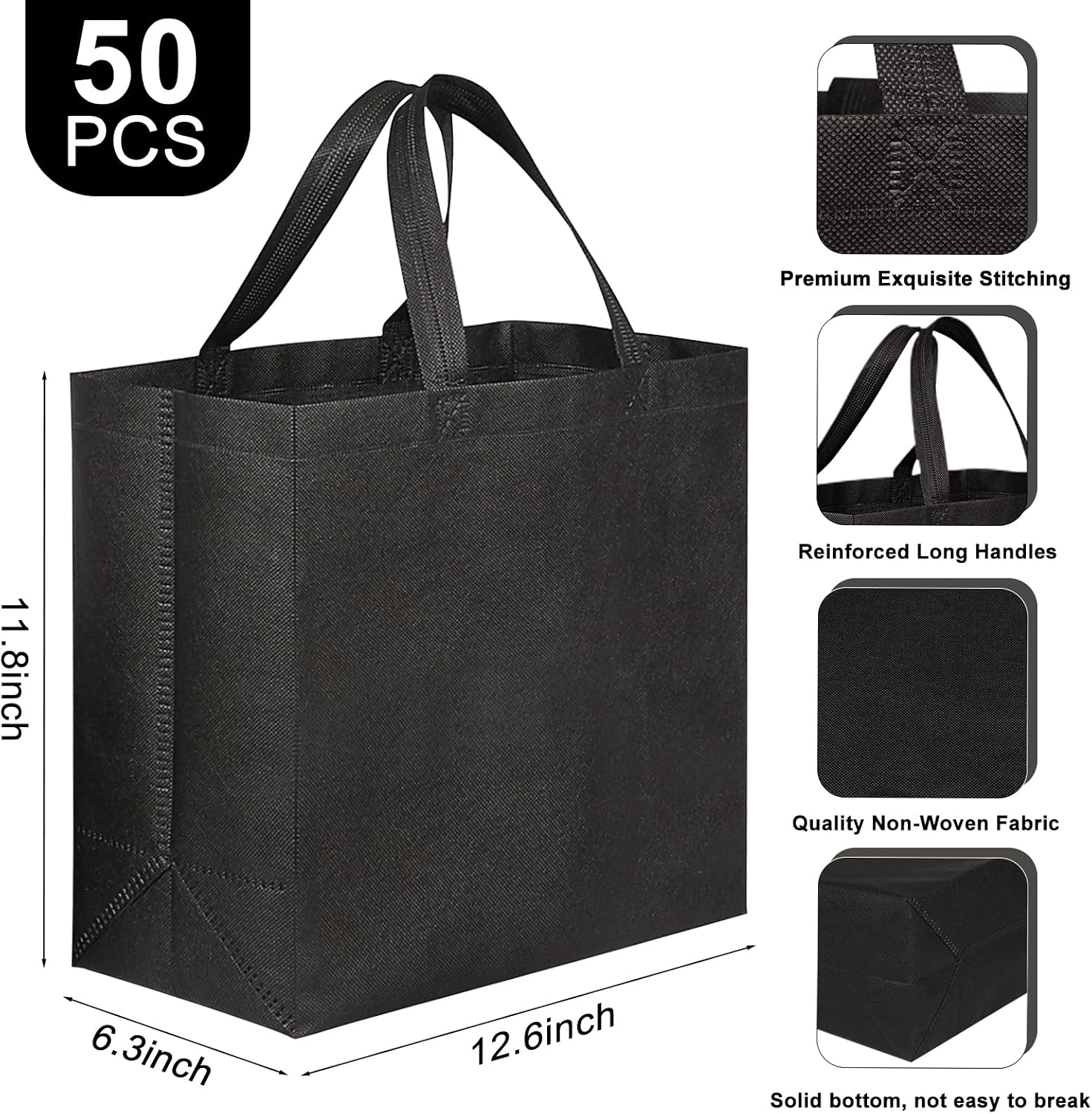 JERIA Black Reusable Totes Bag with Reinforced Handles Non Woven Bulk Shopping Bags
