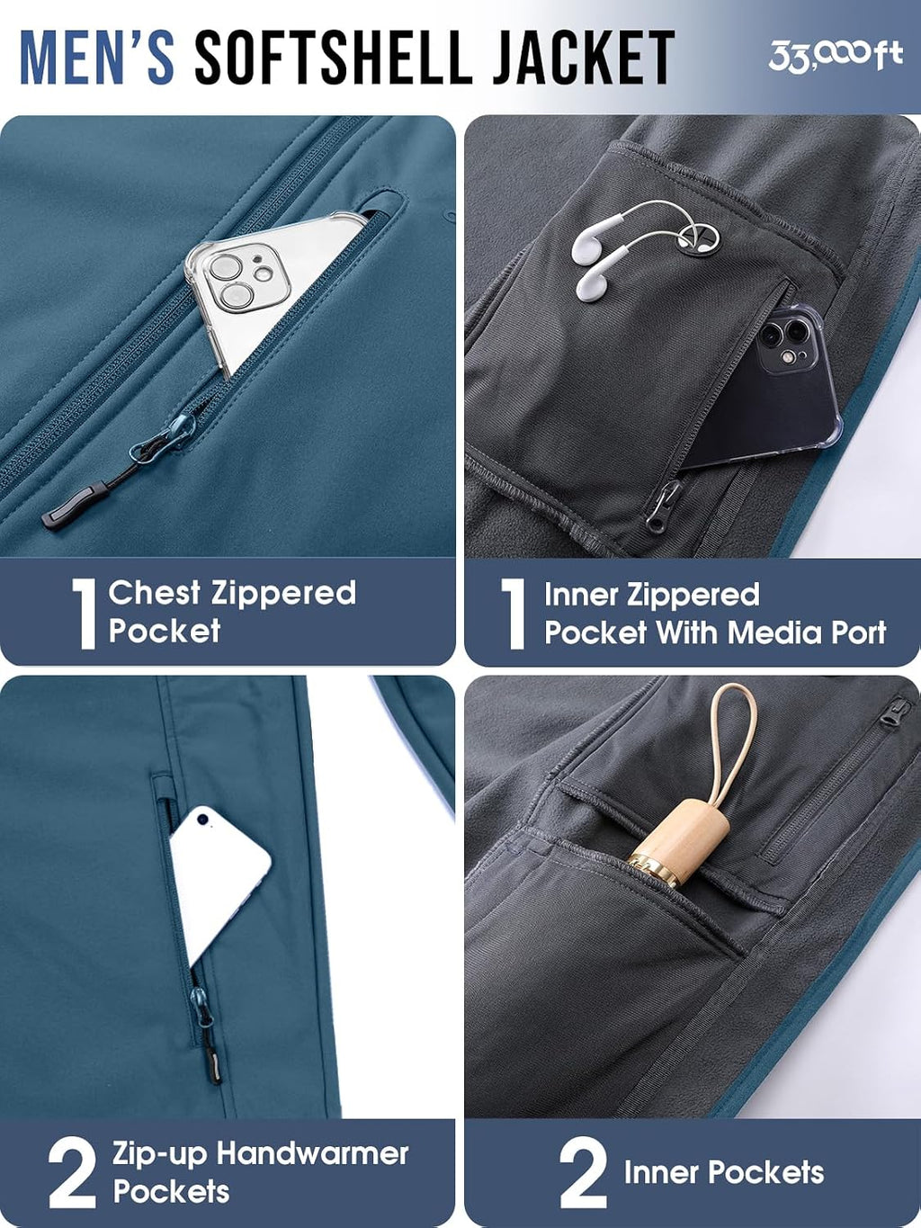 33,000ft Men's Hooded Softshell Jacket Waterproof Fleece Windbreaker Jacket