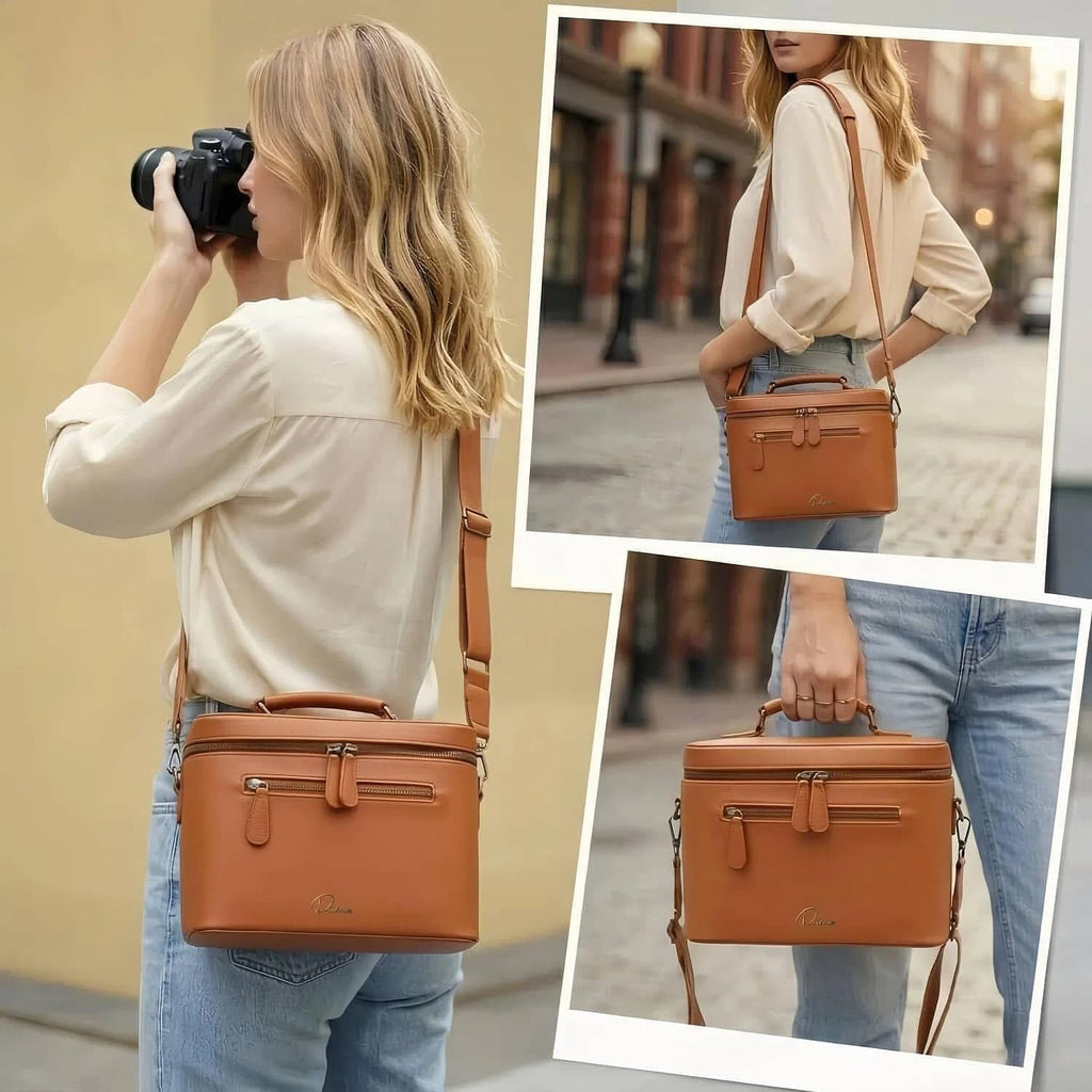 Camera Sling Bag, Waterproof PU Leather Crossbody Camera Case for Photographers, Small Shoulder Bag Compatible for Canon Nikon Sony (Brown)