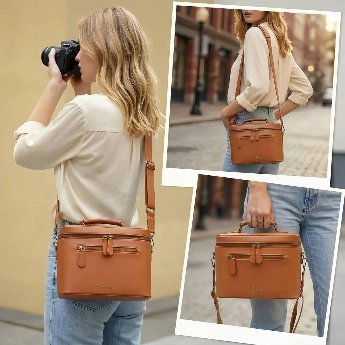 Camera Sling Bag, Waterproof PU Leather Crossbody Camera Case for Photographers, Small Shoulder Bag Compatible for Canon Nikon Sony (Brown)