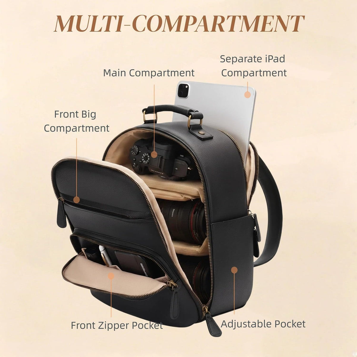 Small Camera Backpack Classic PU Leather for DSLR, Professional Camera Bag for Photographers with 11 Inch Pad/Tablet Compartment Small 10L Black