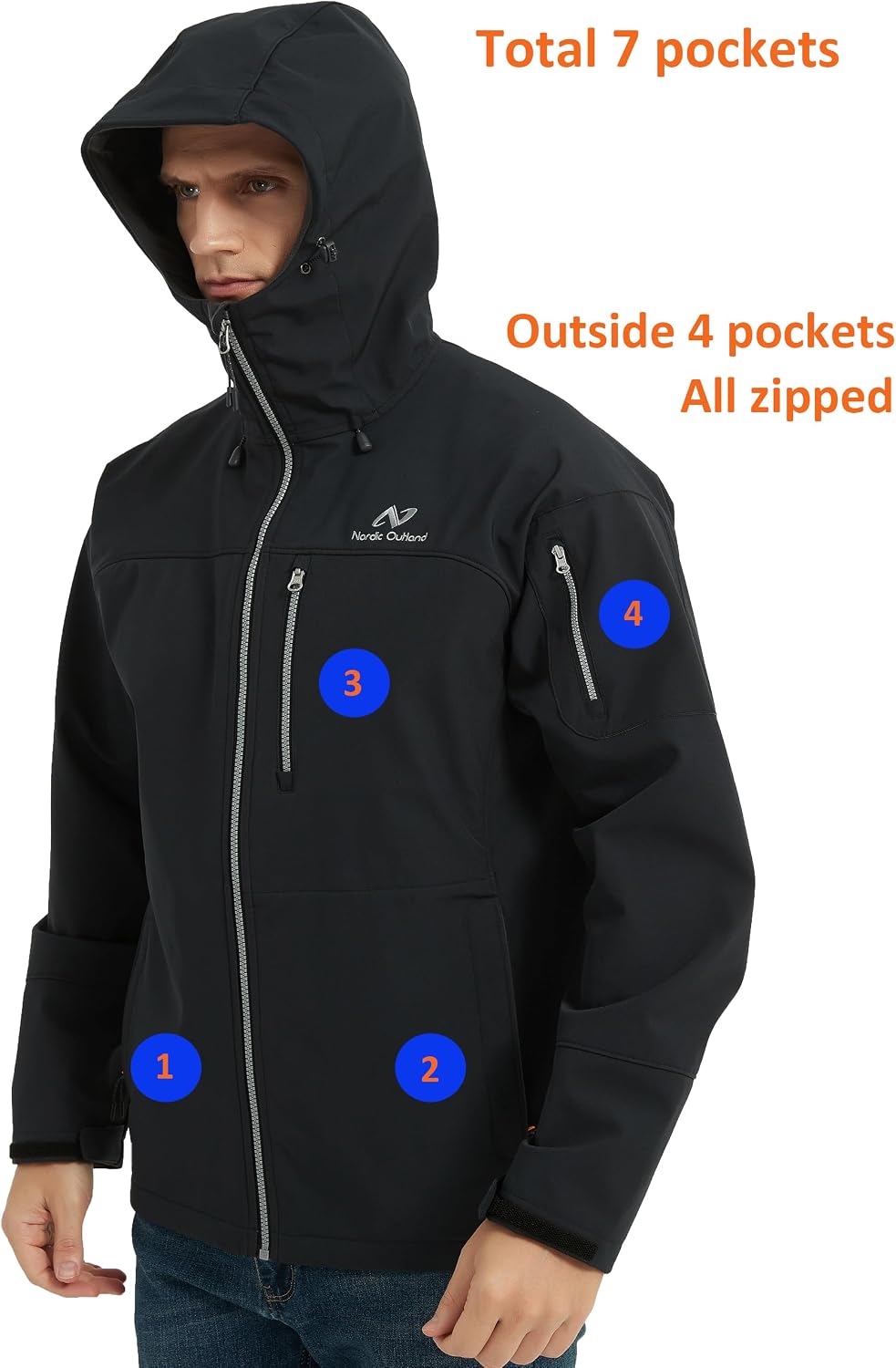 NORDIC OUTLAND Men's Waterproof Softshell Rain Jacket, Hooded Windbreaker 7 Pockets, Lightweight Shell for Outdoor Activities