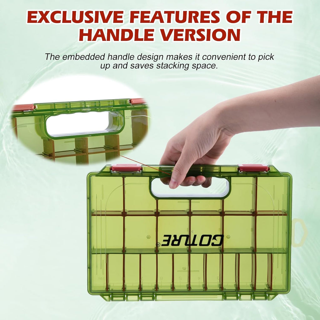 Goture Fishing Tackle Box Organizer - Transparent Fishing Organizer Box w/Measurement Ruler, Adjustable Dividers, Dual Latches | 2 Pcs 3600 Tackle Tray| Ergonomic Grip