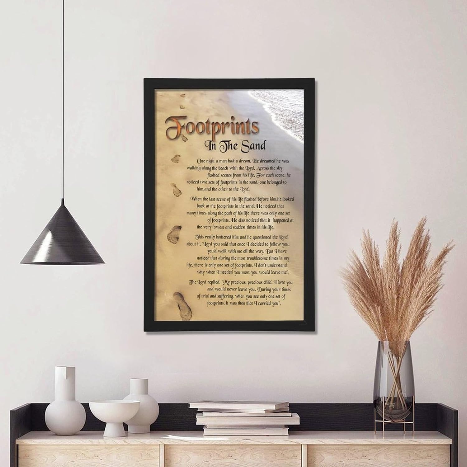 Footprints in the Sand Religious Canvas Wall Art Posters, Inspirational Beach Sunset Poem Print Poster (Black Framed 16x24inch, Footprints(3))