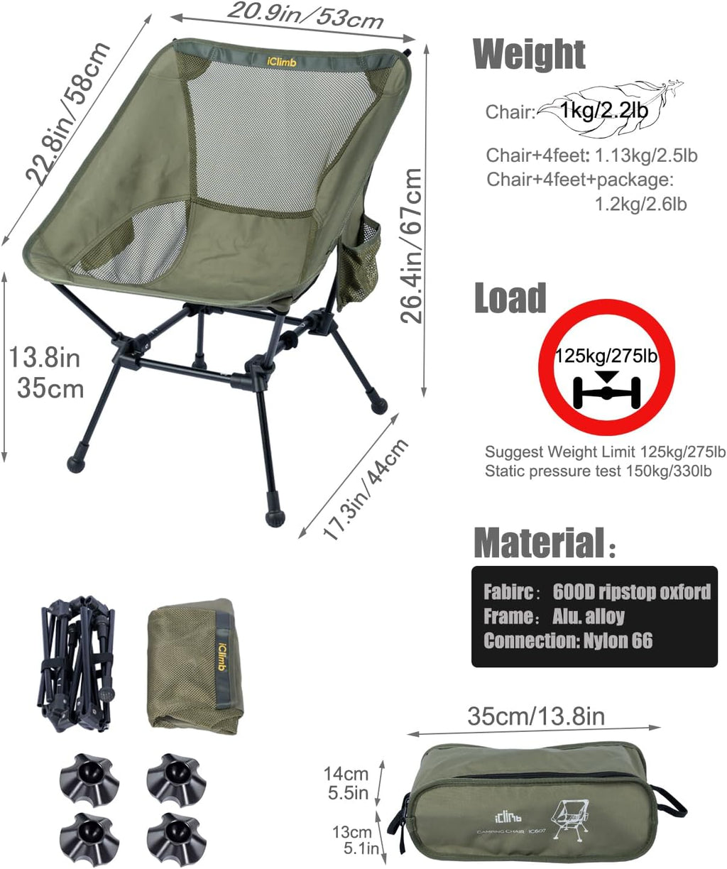 iClimb Ultralight Compact Folding Anti-Sinking Chair, Green