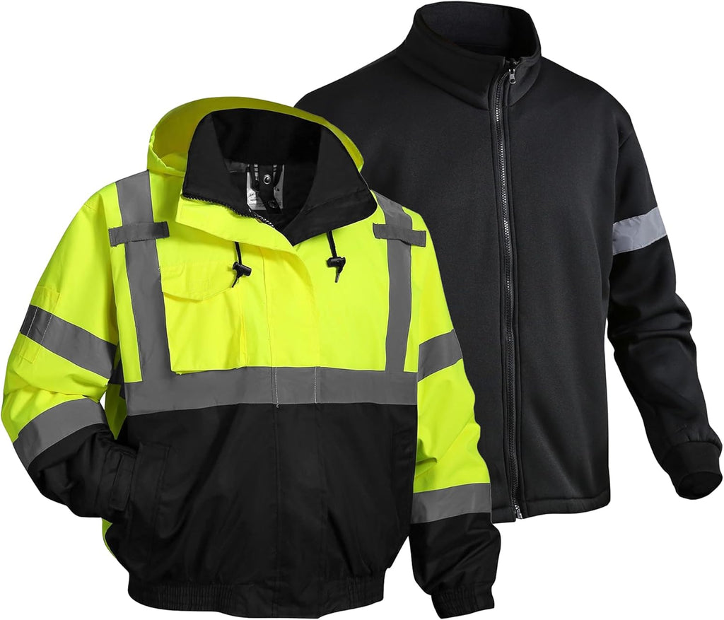 Safety jacket for men,Reflective high Visibility Hooded jacket,Hi-Vis Bomber Jacket with Pockets and Zipper,Waterproof,Black Bottom,ANSI/ISEA 107-2020 Type R Class 3,Lime