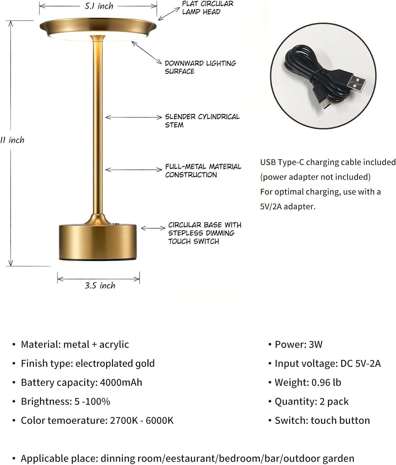 PUSU Rechargeable Table Lamps Set of 2, Gold Cordless Portable Desk Lamp