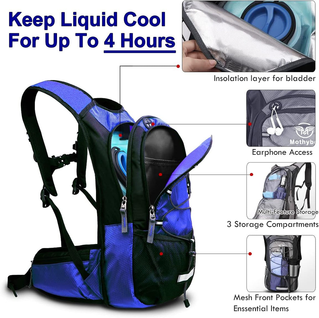 Mothybot Insulated Hydration Backpack Pack with 3L BPA Free Leak Proof Water Bladder, Large Storage Lightweight Hiking Daypack with Waist Pouches & Cooler Layer, for Running, Biking, Camping, Festival