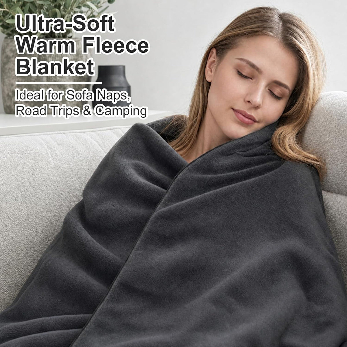 Camping Blanket 62×87" - Fleece Blanket, Soft Flannel Bed Blanket, Large Fuzzy Cozy Blanket, Multi-use for Bed, Sofa, Couch, Travel, Camping, All Season Warm Lightweight Cover, Gray