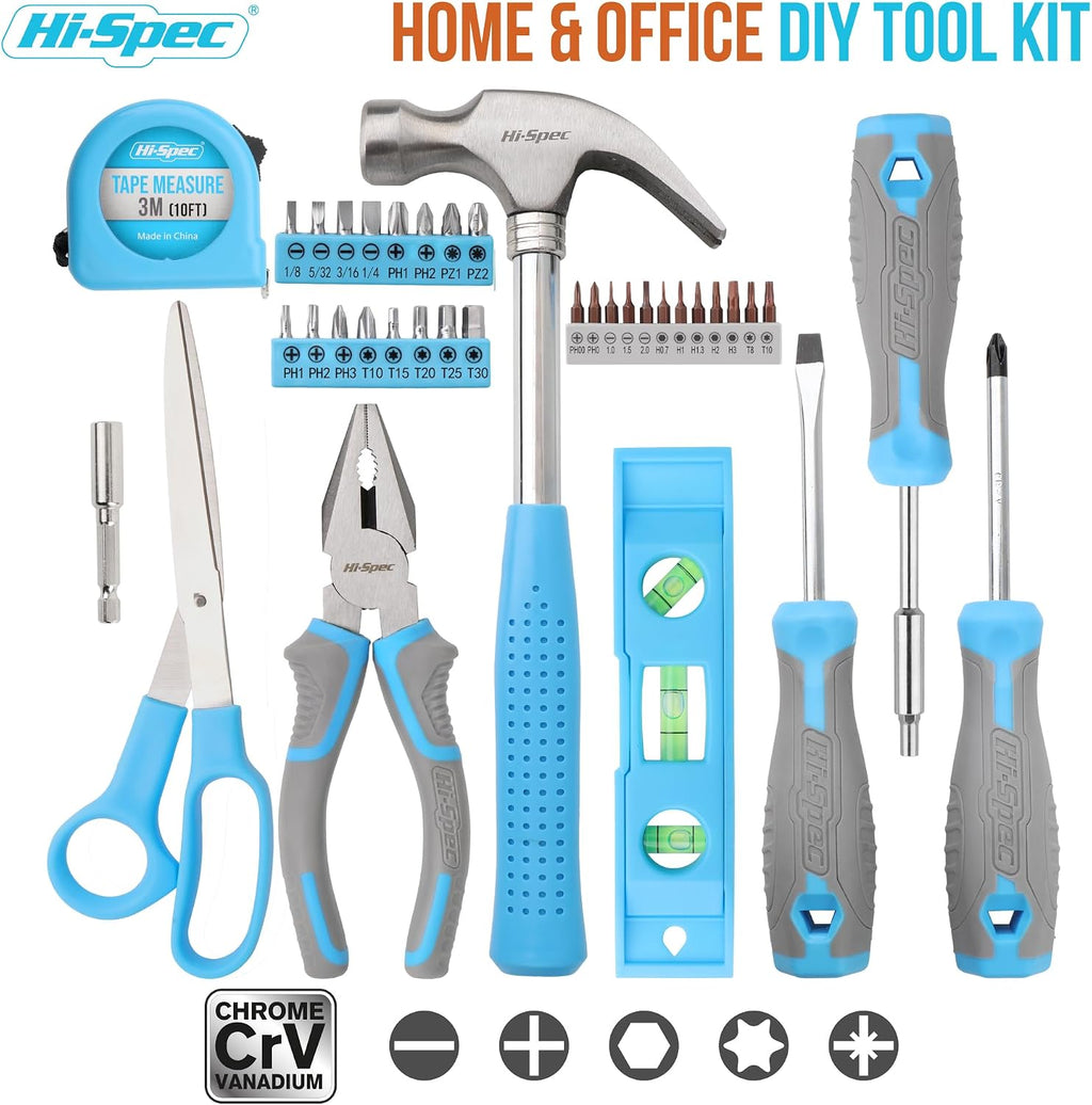 Hi-Spec Household Starter Tool Set with Carry Toolbox for Dorms, Blue
