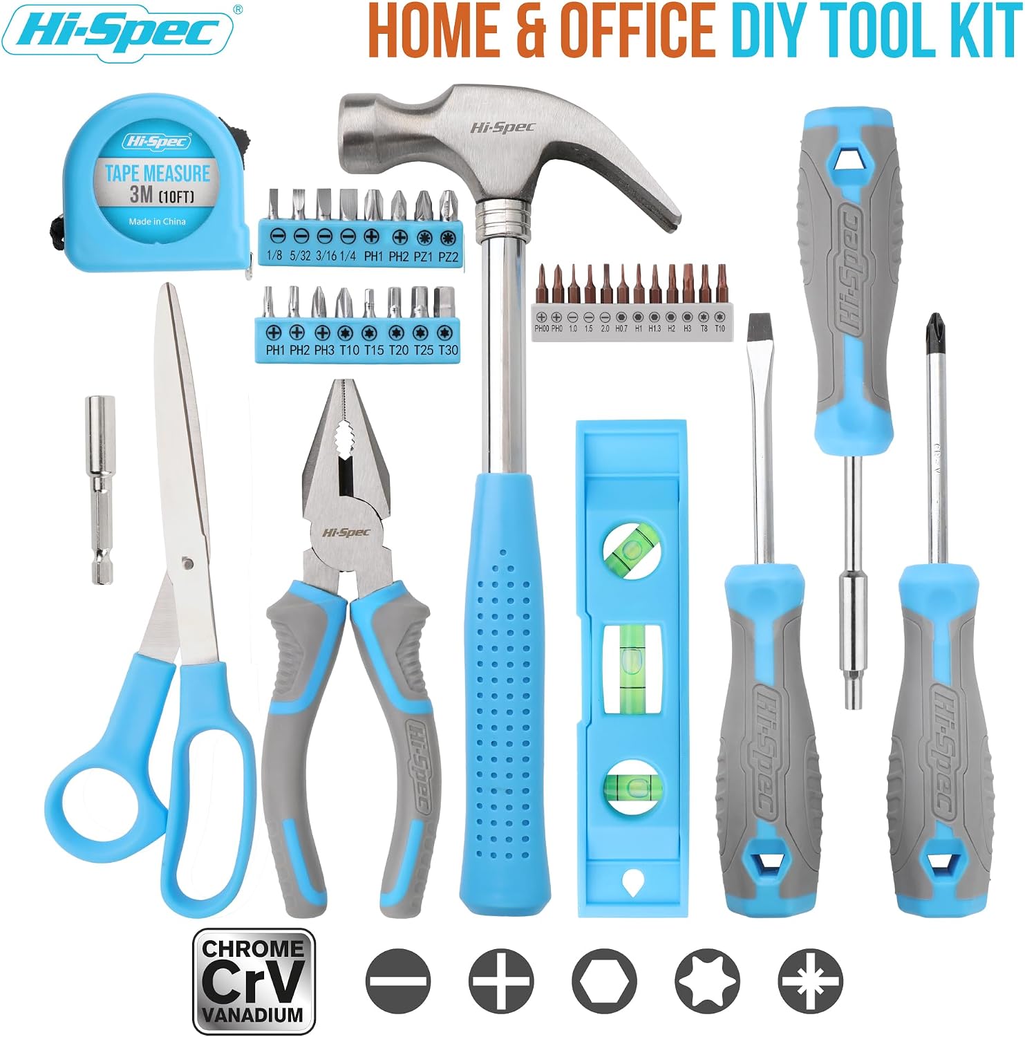 Hi-Spec Household Starter Tool Set with Carry Toolbox for Dorms, Blue