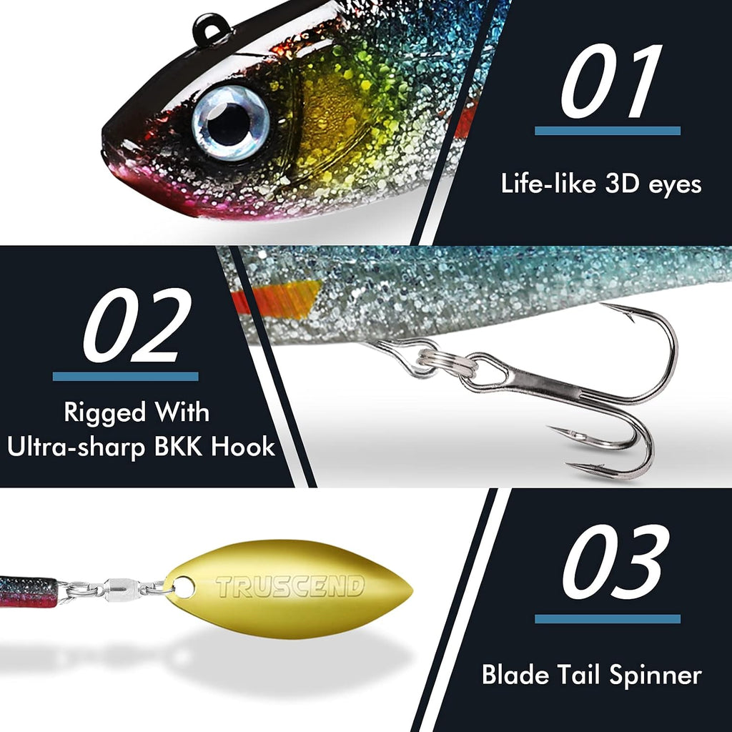 TRUSCEND Shadtale Easy Catch Soft Fishing Lures with BKK Hooks - Trembly Sinking and Vibrating Swim for More Bites, Pre-Rigged Swimbaits for Bass, Trout, Crappie, Walleye, Freshwater Saltwater Fishing