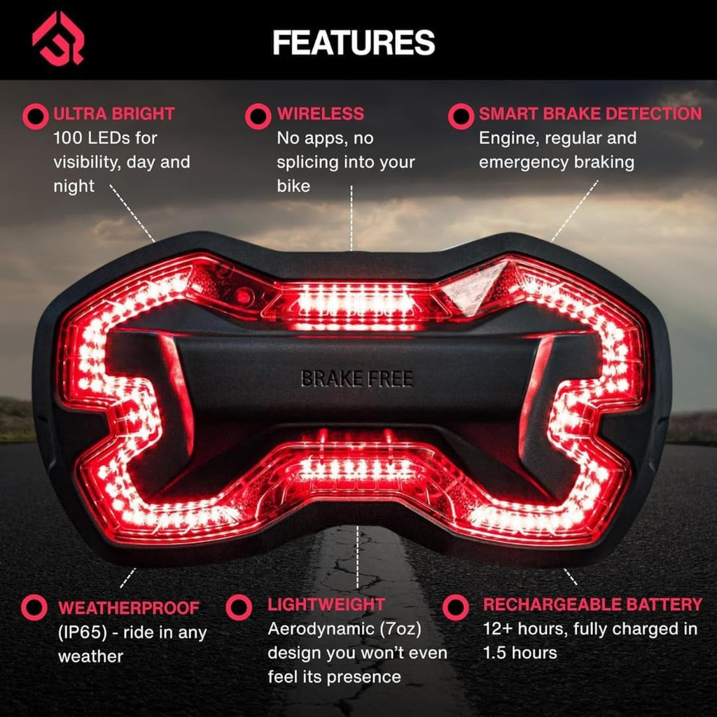 Brake Free Helmet Light - Smart Wireless Motorcycle Lights- Weatherproof LED Motorcycle Helmet Light - Lightweight & Aerodynamic Design - Smart Brake Detection - Single Button Operation - Black