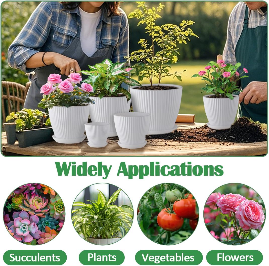 RooTrimmer Multi Size Plastic Plant Pots 6 Pack, Drain Holes, Saucers,White
