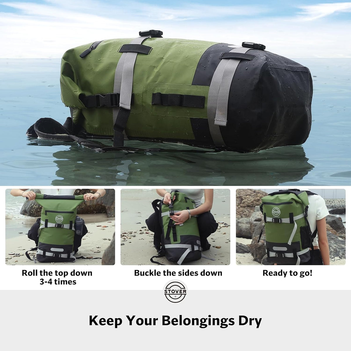 STOVER 30/40/55L Waterproof Dry Backpack & Phone Case- X-Large Floating Dry Bag for Kayaking, Travel, Hiking, Fishing, Camping, Motorcycles & Beach, Heavy-Duty Roll Top Men/Women (Green)