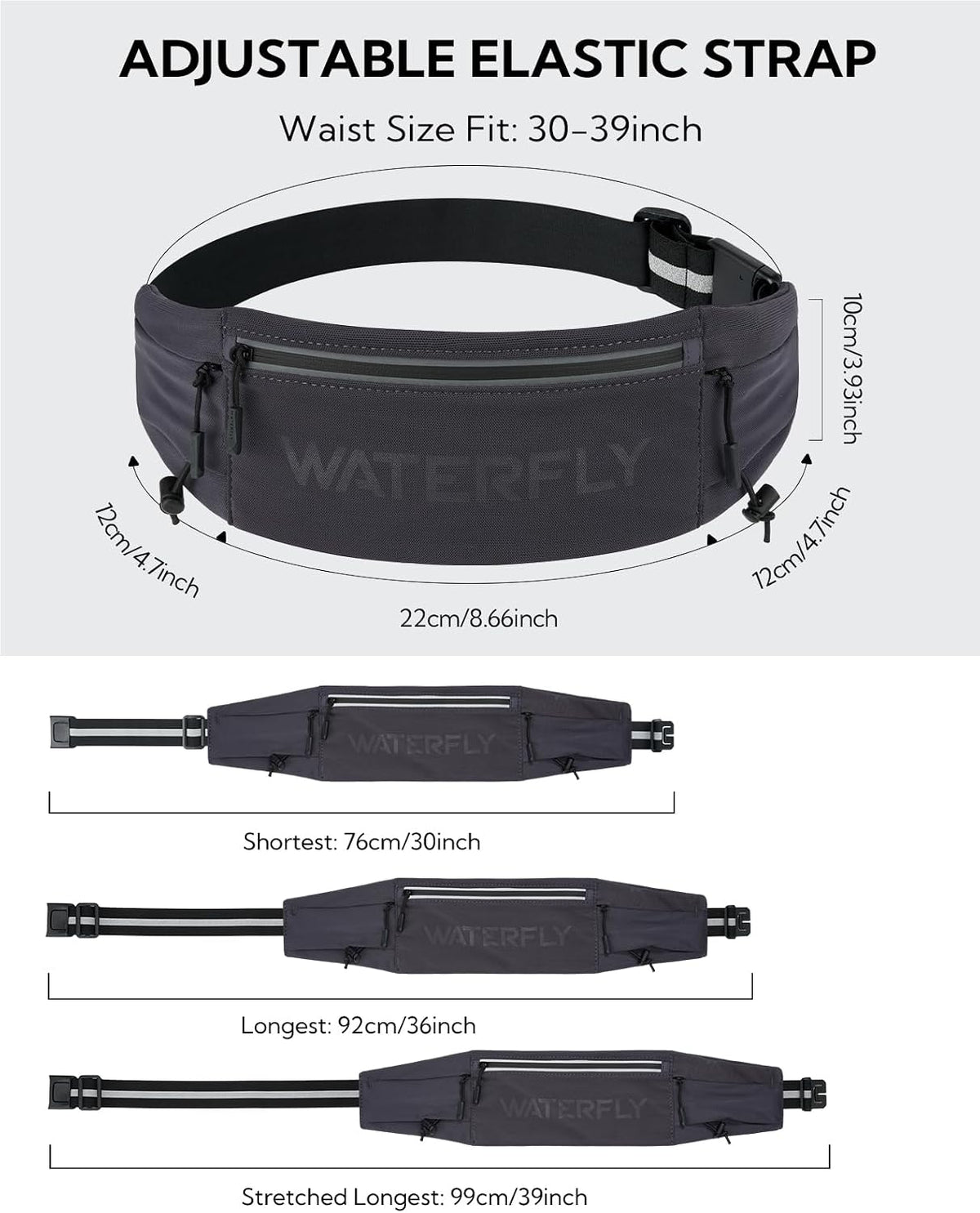 WATERFLY Running Belt Fanny Pack, Runner Race Belt with Bib Clip Dark Gray