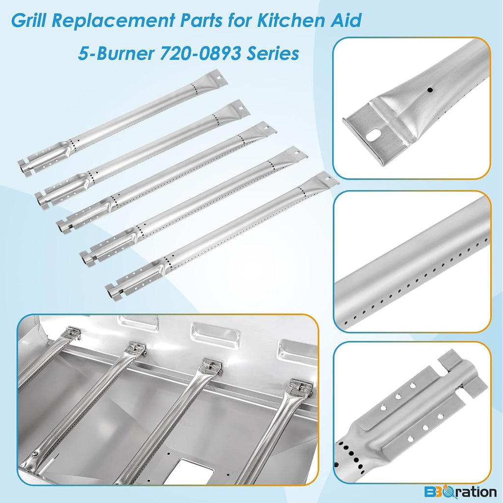 Replacement Kit for Kitchen Aid 720-0893 720-0893A 720-0893D 720-0893G, 7MM Stainless Steel Cooking Grates, Burners and Heat Plates for Kitchenaid Grill Replacement Parts 5-Burner Gas Grill